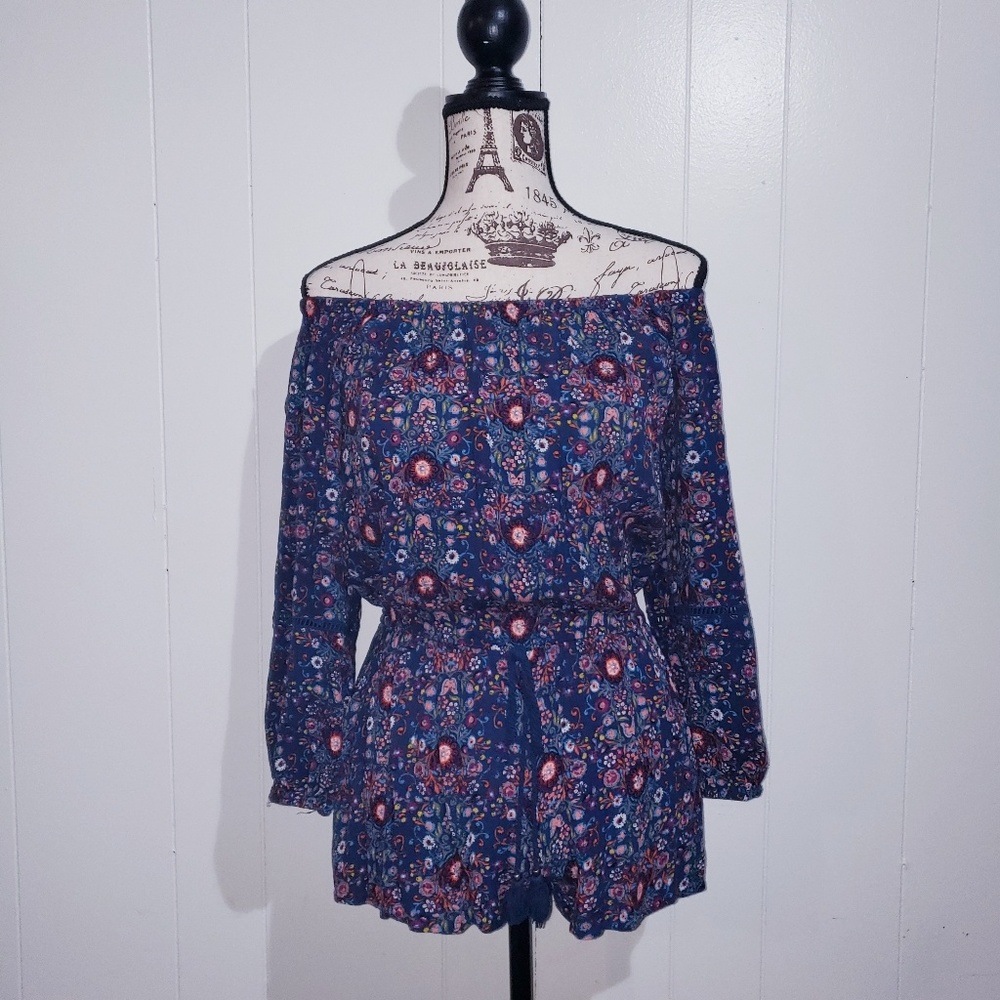 Blue Floral Print BOHO Romper